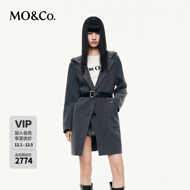 MOCO毛呢大衣2025秋新品绵羊毛骆驼绒双面呢外套附腰带MBE3OVC002