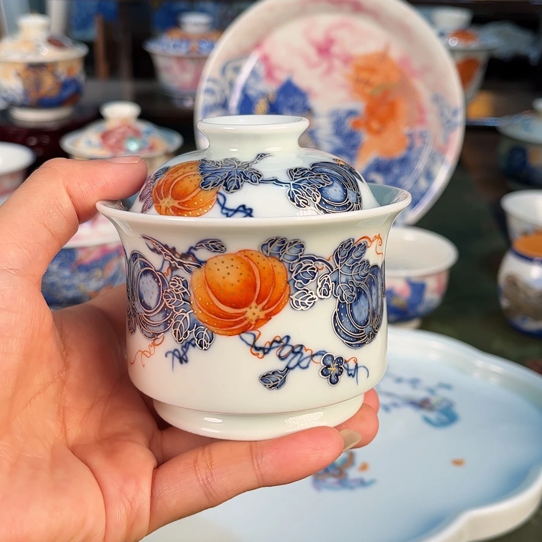 青花加彩南瓜盖碗