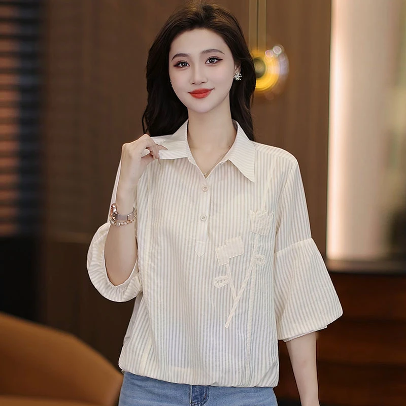 拉夏贝尔时尚条纹衬衫女秋季新款洋气遮肉灯笼袖衬衣百搭宽松上衣