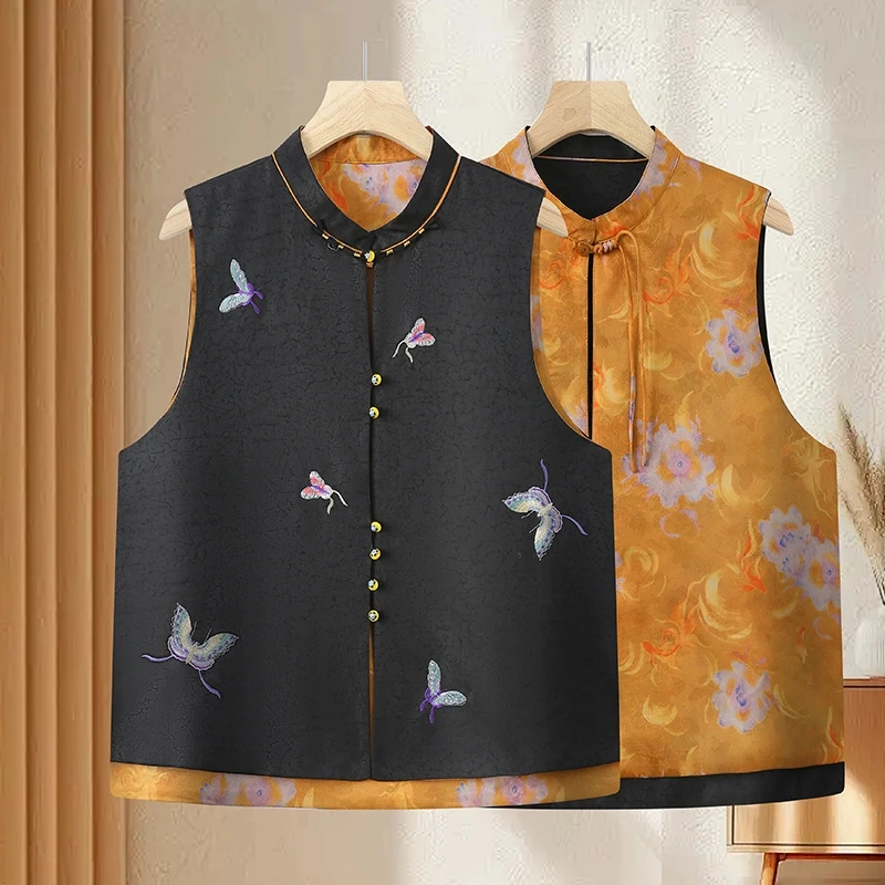双面穿新中式国风马甲女妈妈装春秋高端气质背心无袖上衣刺绣马夹