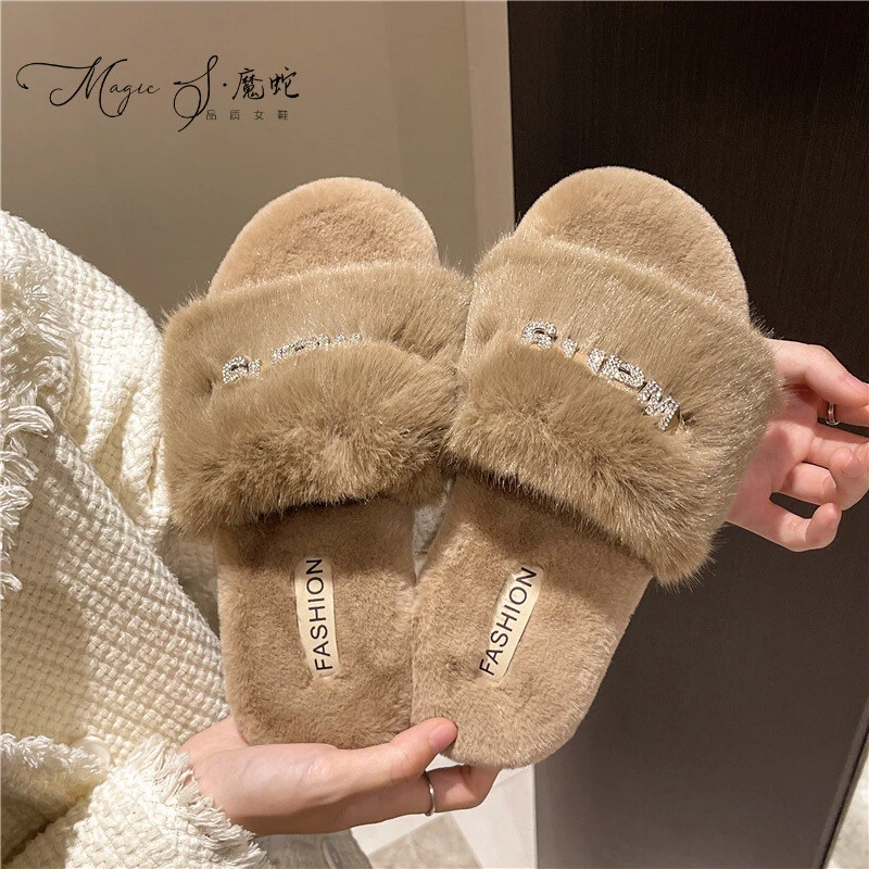 【万达撤柜】温柔仙女厚底毛毛拖鞋女外穿年秋冬法式水貂毛加绒棉拖