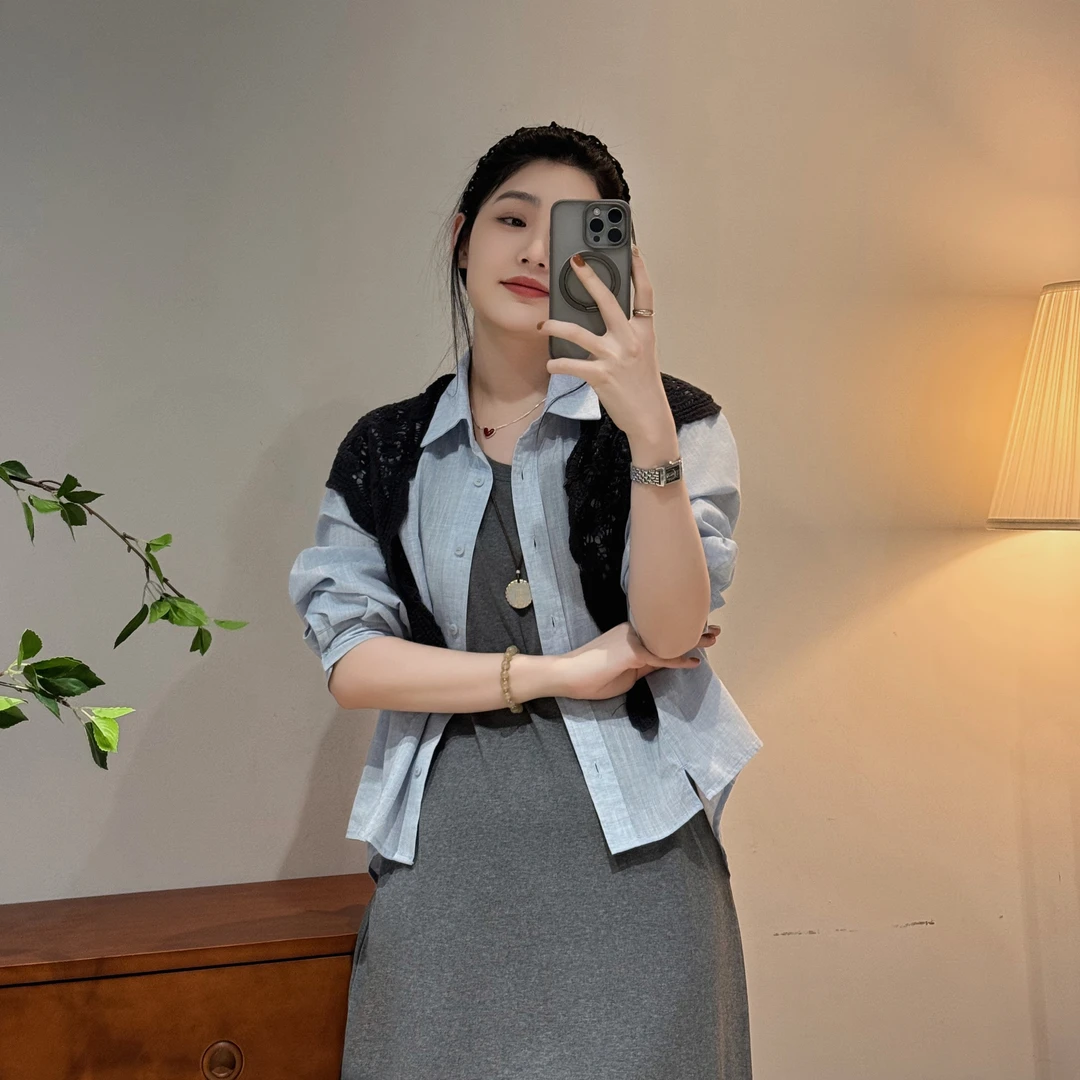 蓝色衬衫女2025新款爆款洋气夏季外穿衬衣薄款上衣-HX2598252