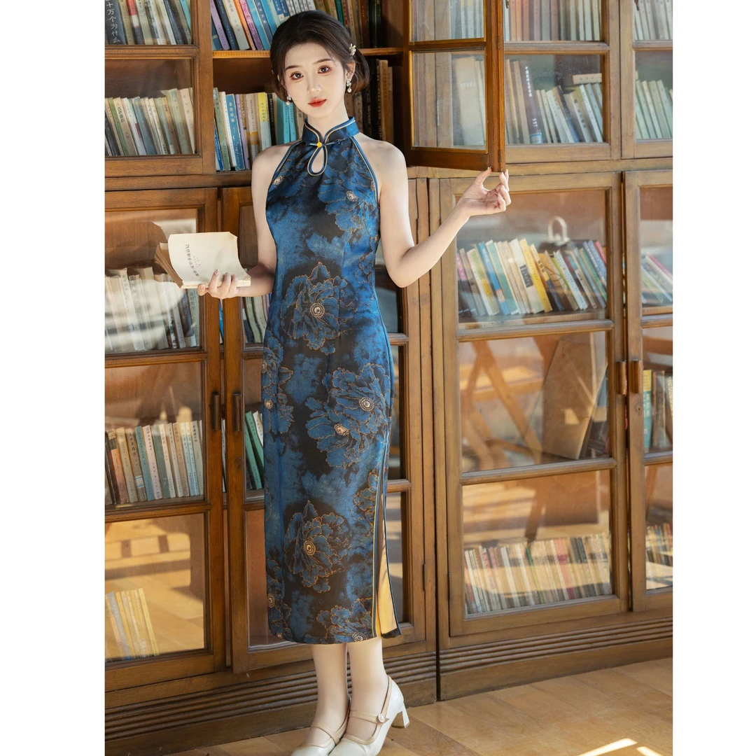【青未了】2025夏季新款醋酸抓花中国风改良后拉链挂脖旗袍 衣长120