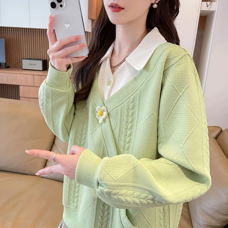 早秋polo领撞色花朵卫衣女2025新款春秋韩版宽松薄款学生上衣外套