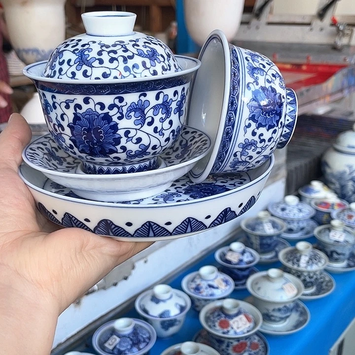 青花釉下彩盖碗杯子壶承