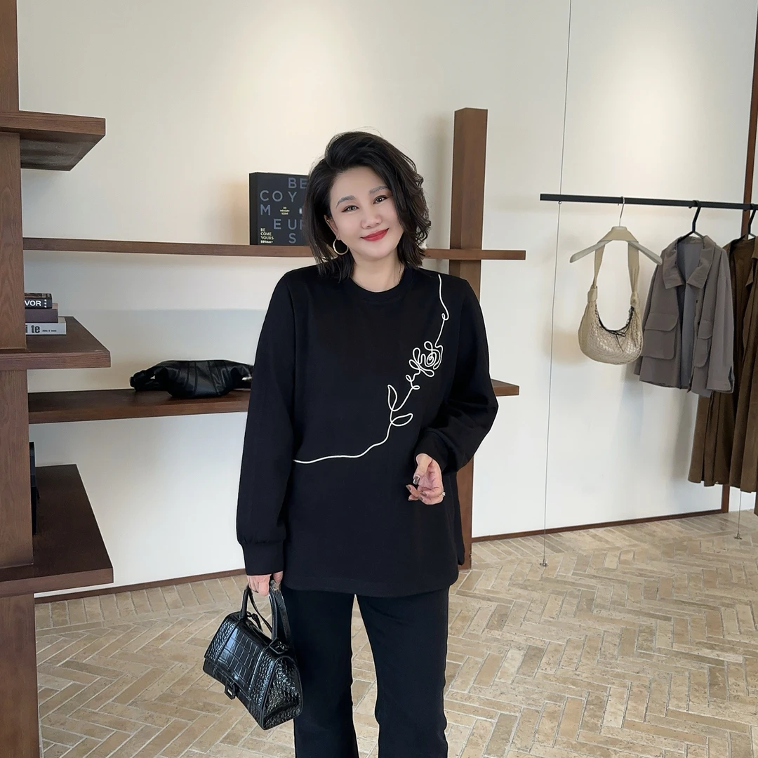 微胖女装【线条玫瑰】卫衣大码立体绳绣花朵空气百搭秋季20835