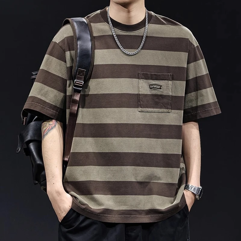 重磅潮牌水洗条纹短袖t恤男士夏季2025新款宽松大码衣服高端体恤