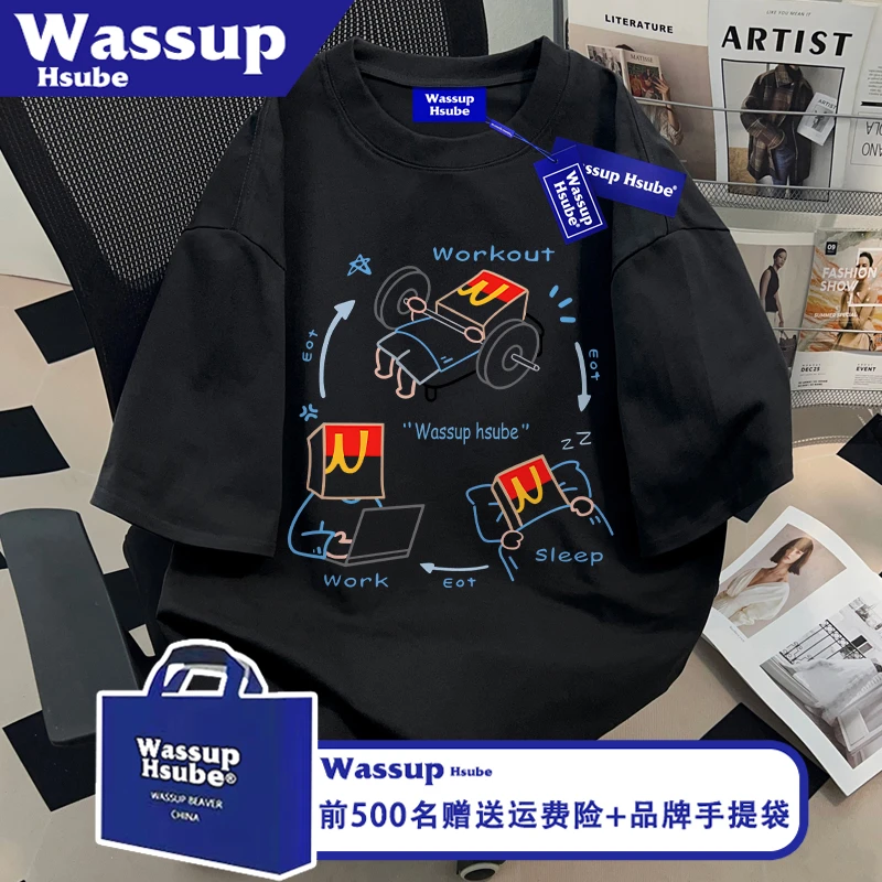 WASSUP HSUBE夏季黑色新颖风上衣ins趣味卡通印花T恤男女同款短袖
