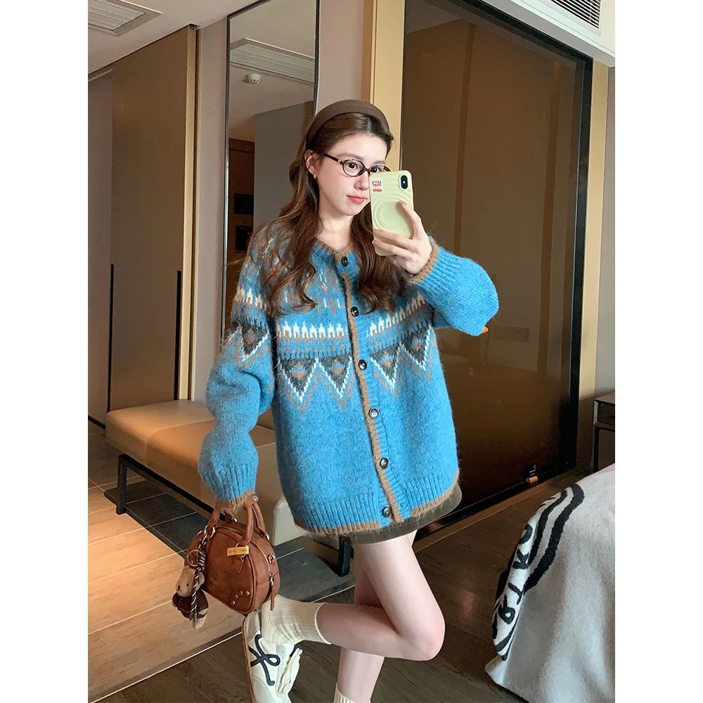 复古提花毛衣外套女2025新款冬季爆款高级感费尔岛针织开衫上衣潮