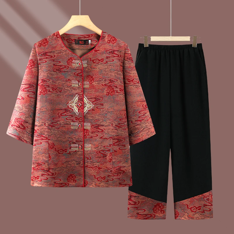 奶奶夏装七分袖衬衫新中式中老年人女唐装妈妈装老人老太太套装女