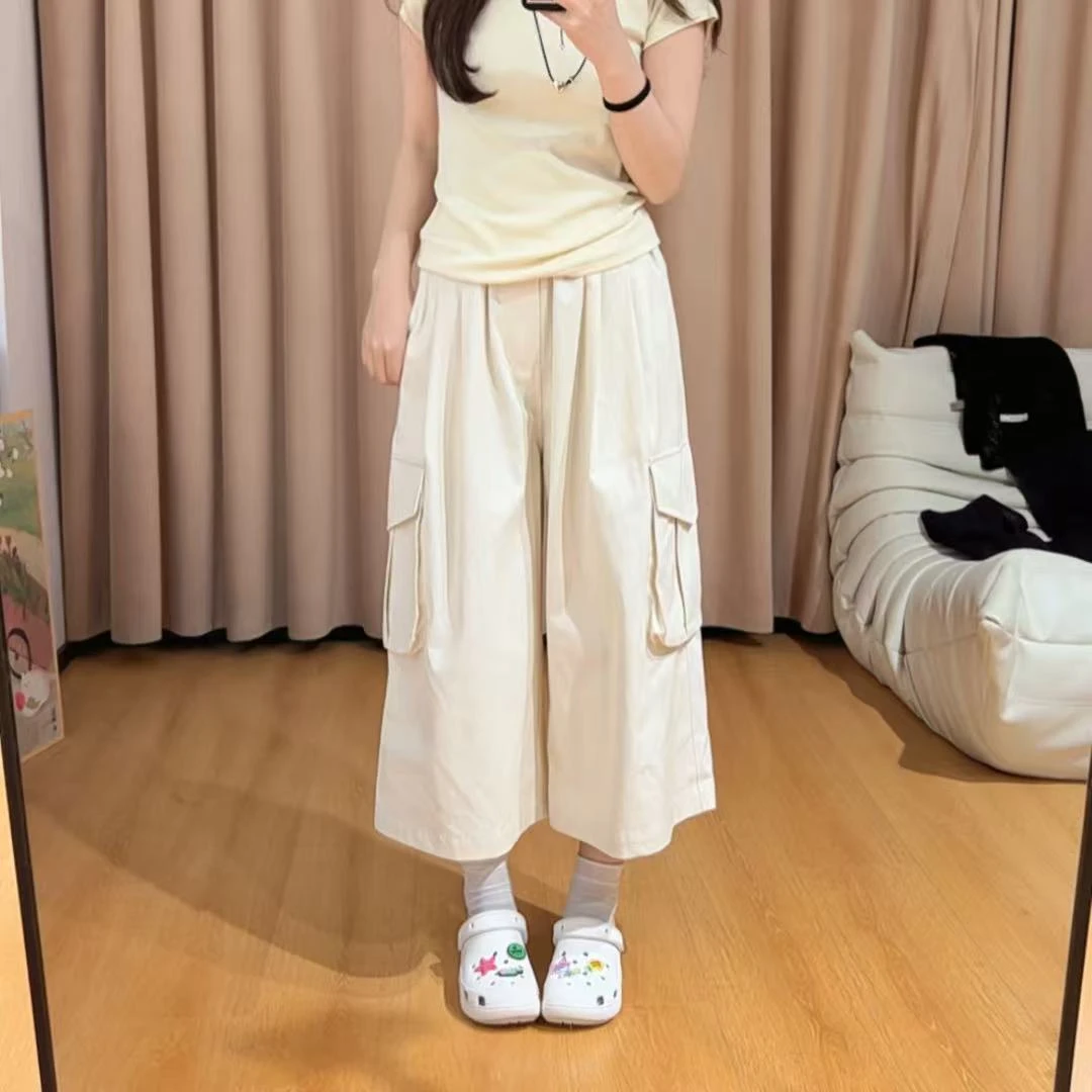85128余小鱼【杏仁裤】米杏色松紧腰侧边大口袋百搭八分工装裤女装