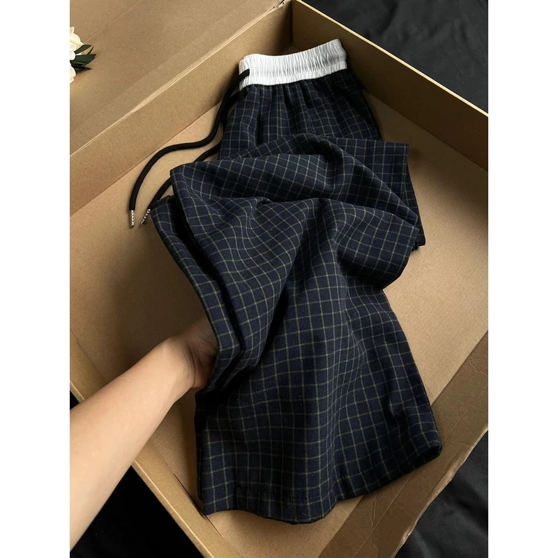 藏青色格子拼接假两件休闲裤男夏季薄款慵懒风松弛感宽松阔腿长裤