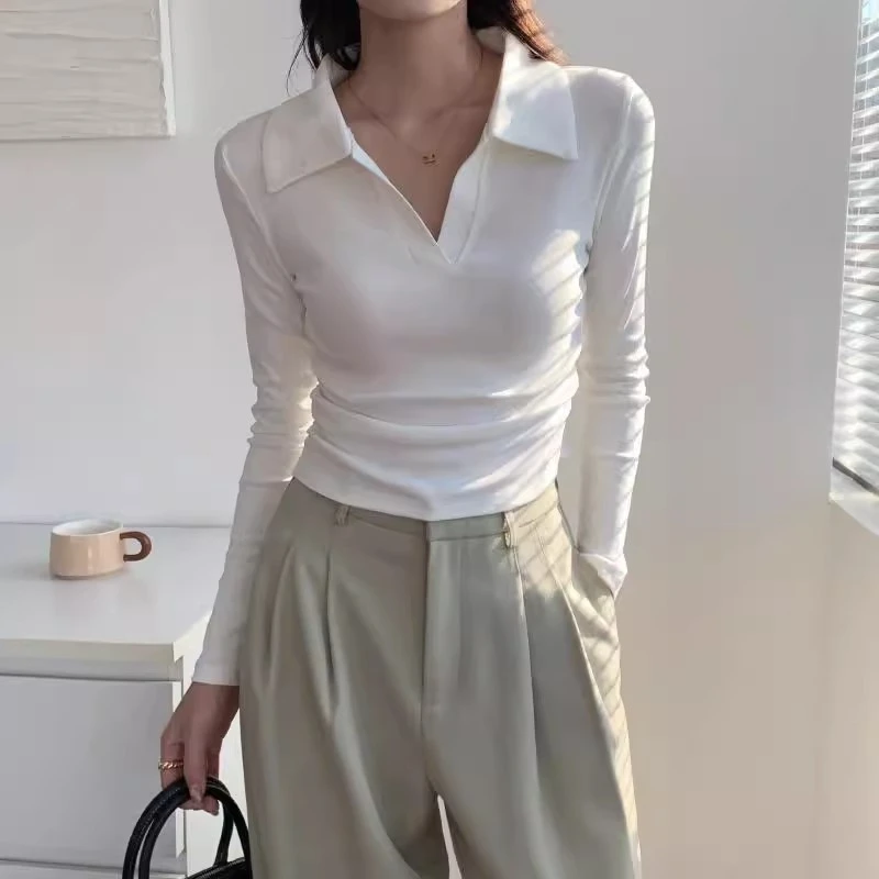 白色polo领长袖t恤打底衫女内搭秋季2025新款外穿设计感修身上衣