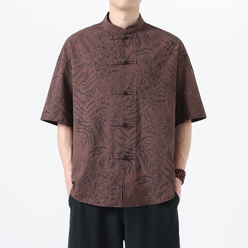 中国风夏季暗纹提花唐装衬衫国潮新中式大码立领中山装茶服衬衣男