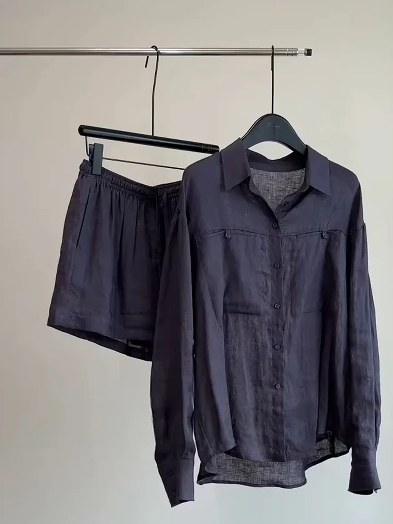 高级松弛感紫色亚麻衬衫套装女夏气质通勤简约上衣短裤休闲两件套