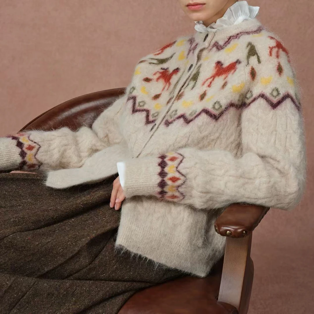 拉绒小马开衫费尔岛针织毛衣外套新品7641