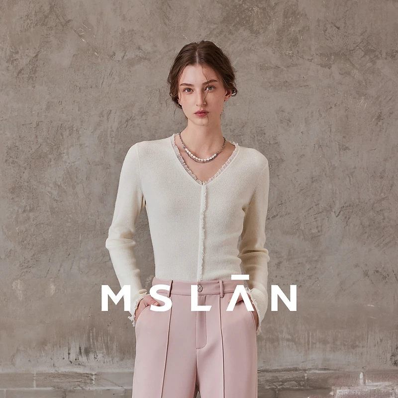 MSLAN【100绵羊毛】春季简约风纯色V领百搭毛边打底针织套衫MFCN036