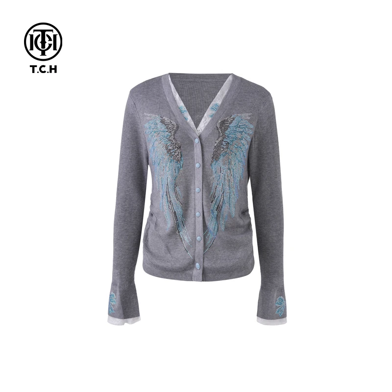 TCH现货私服烫钻工艺灰色时尚开衫毛针织衫女T75A43E5048轻奢tch