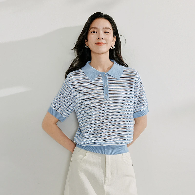 【商场同款新品】茵曼2025夏季条纹POLO领薄针织衫时尚百搭短袖上衣