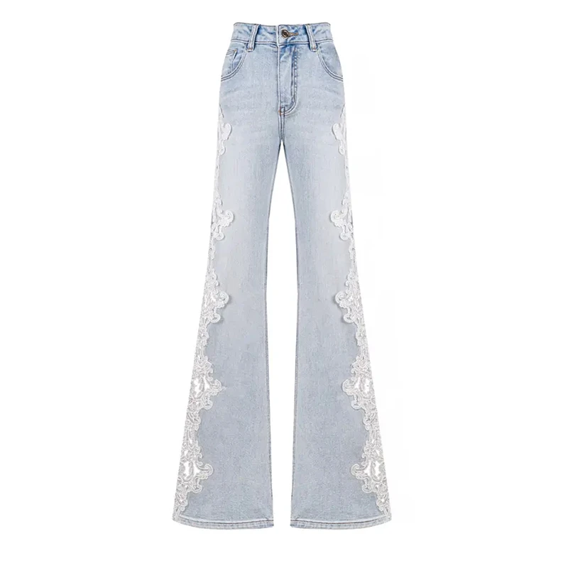 春夏新款重工轻颜百搭修身显瘦高腰弹力镂空蕾丝微叭牛仔裤 #5743