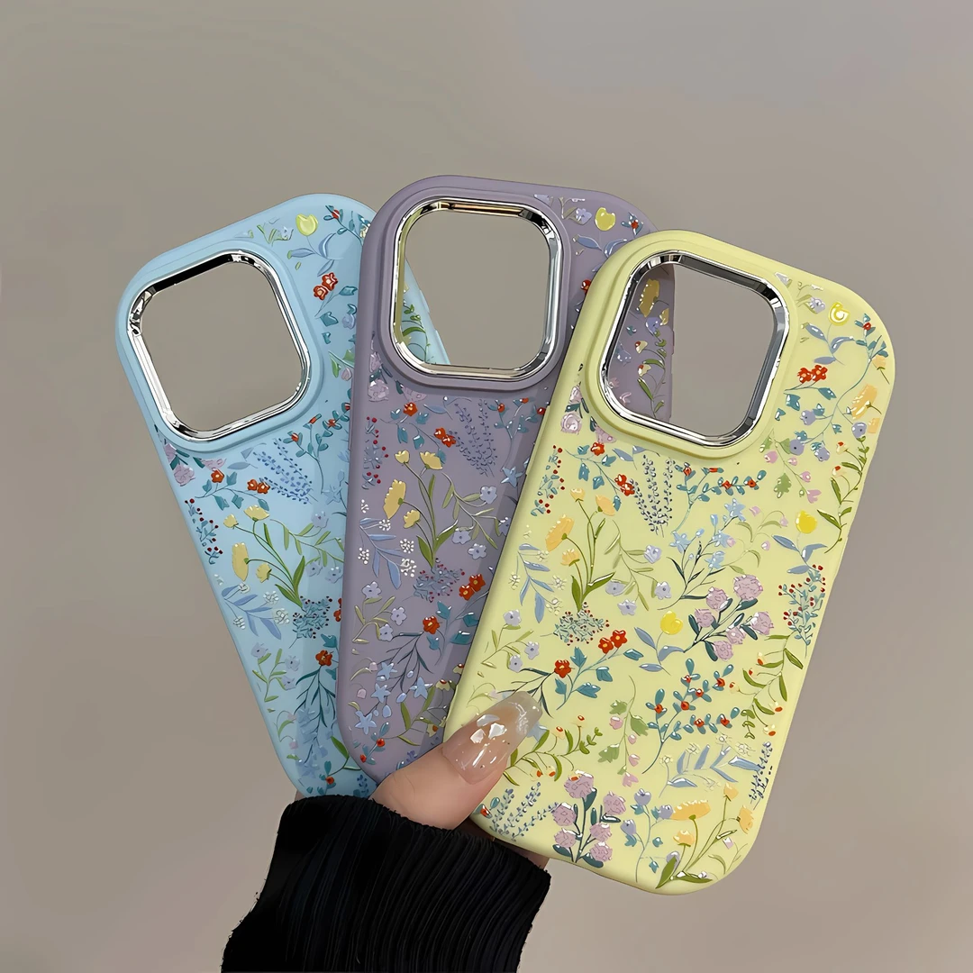 适用苹果16pro镜框小胖墩iPhone15手机壳春日野花创意ins风华为60