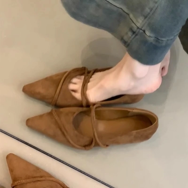 韩版单鞋女2025新款春秋尖头细带浅口时尚百搭内增高晚晚风平底鞋