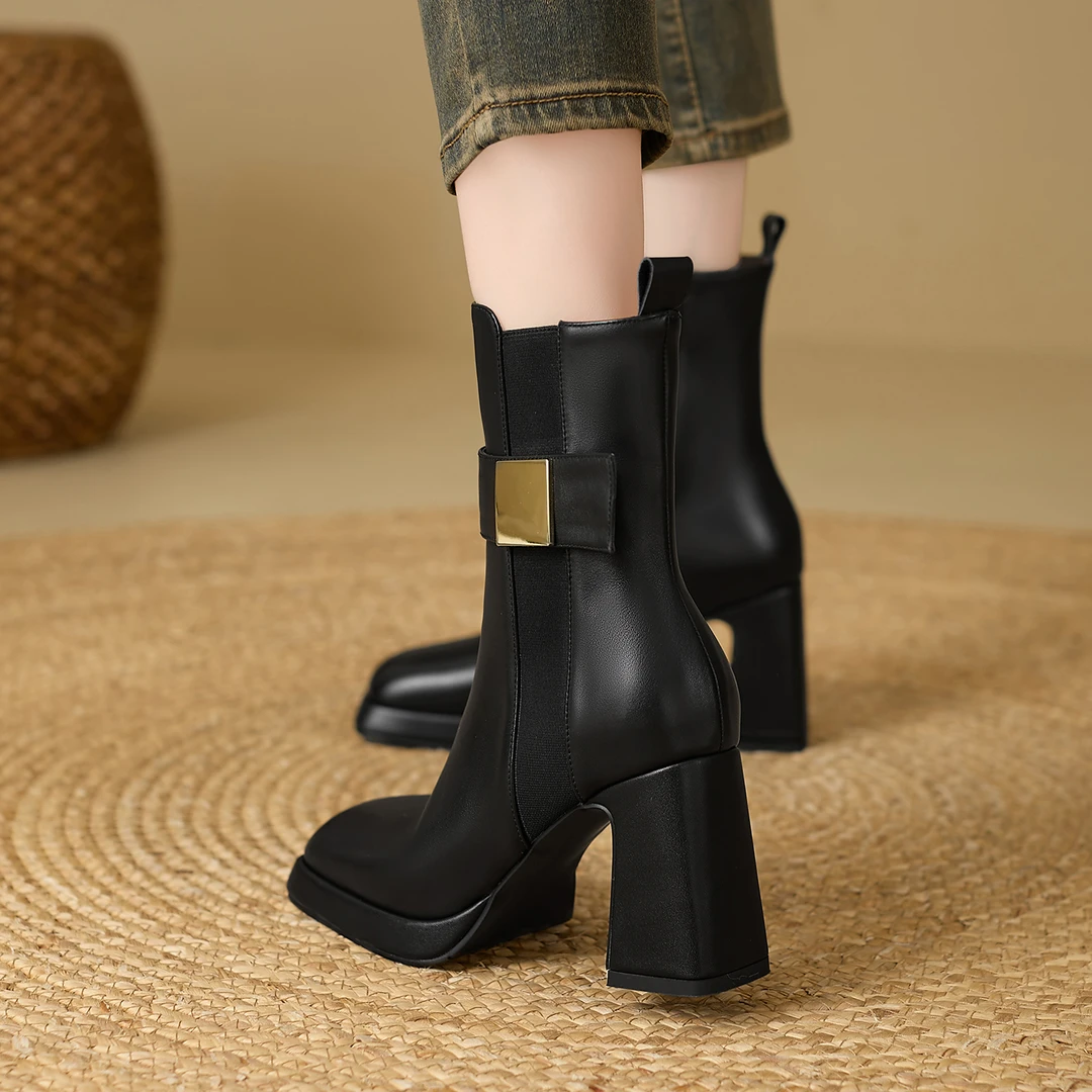 小个子增高8.5cm~防水台拼接切尔西靴新款真皮百搭短靴高跟鞋秋冬