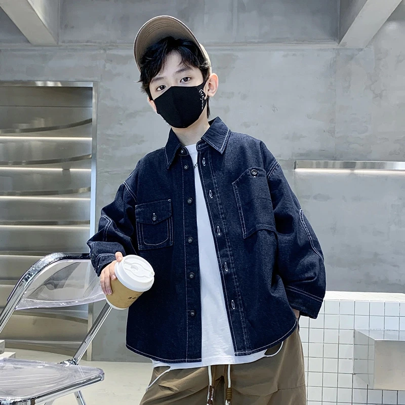 男童蓝色牛仔外套春秋款儿童薄款衬衫秋装2025新款中大童洋气上衣