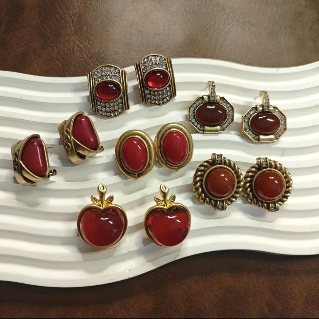 黄铜琉璃耳饰 时尚中古VINTAGE 复古红色耳饰 多款合集