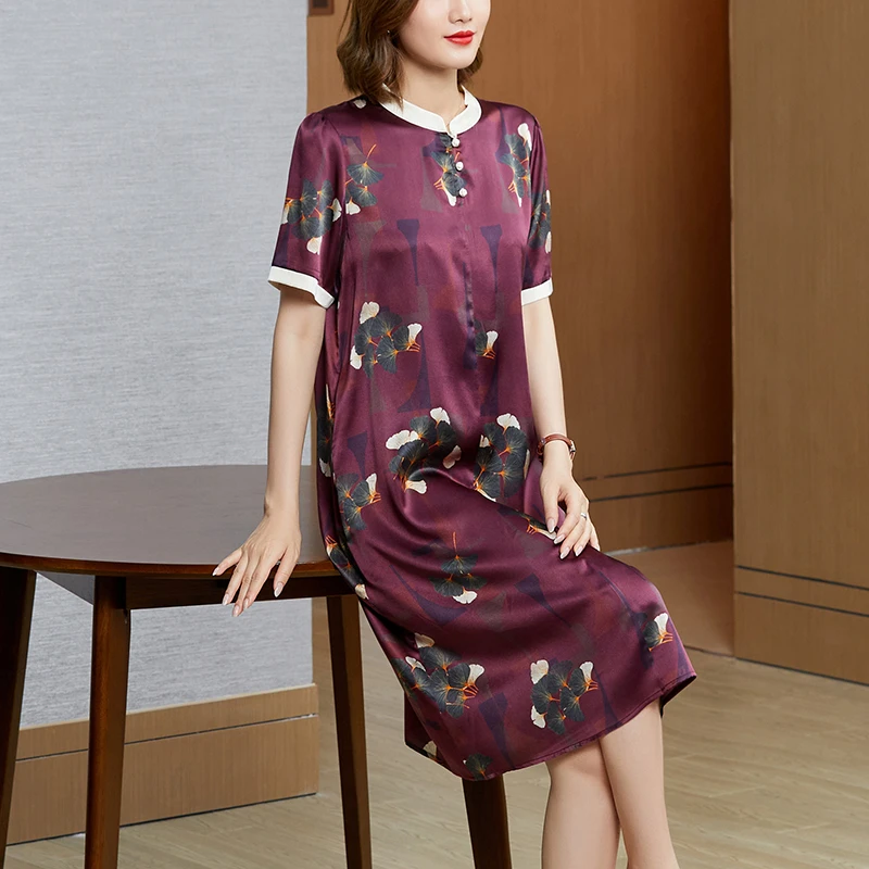 珂影依宽松重磅真丝连衣裙夏季新款印花短袖洋气妈妈桑蚕丝裙子