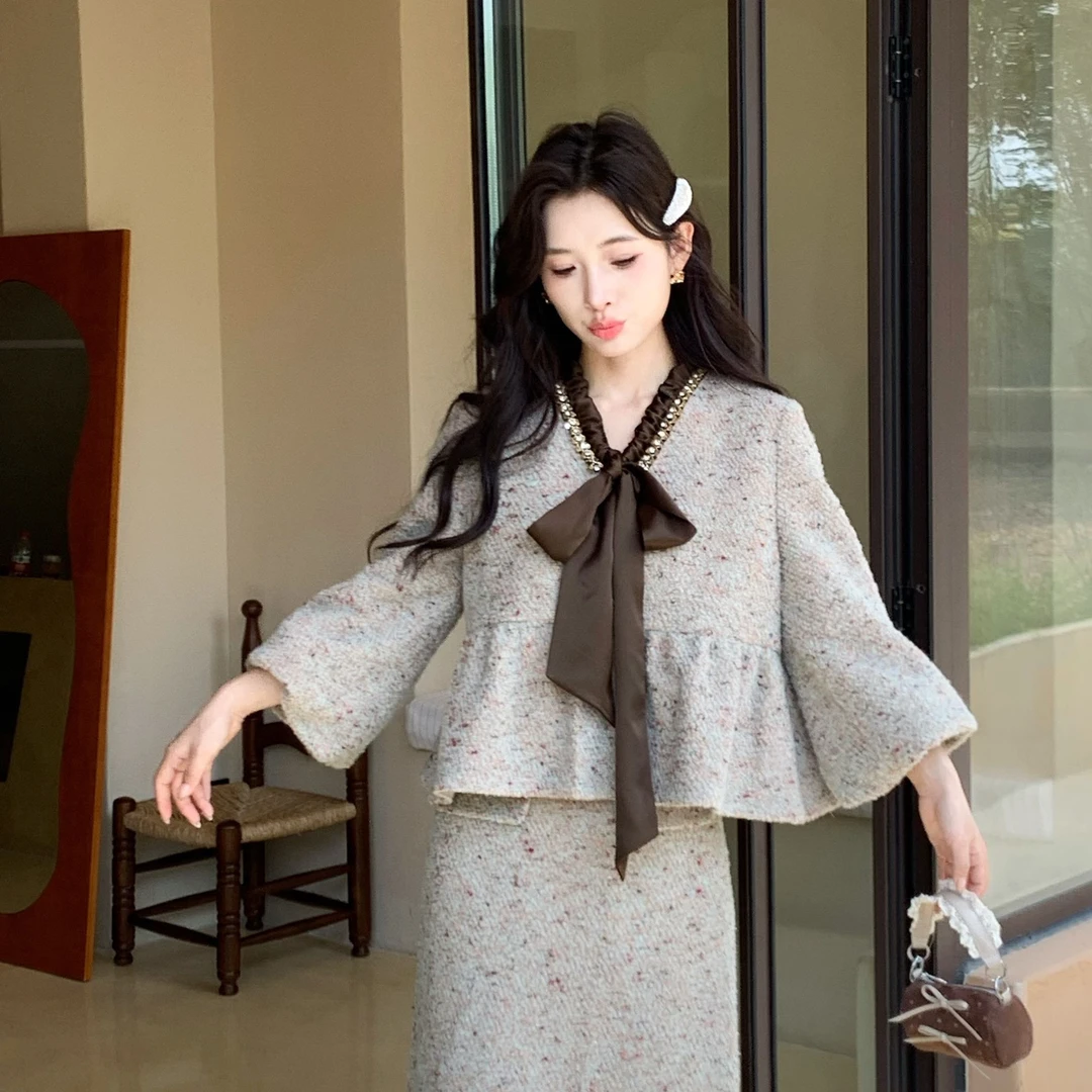 DD【甜柔织梦套装】秋冬新款女装财阀千金小众老钱风灯笼袖毛呢套装