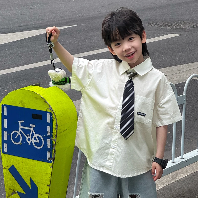 FAX019棉小班童装儿童短袖休闲时尚翻领衬衫大童学院白衬衣半袖夏