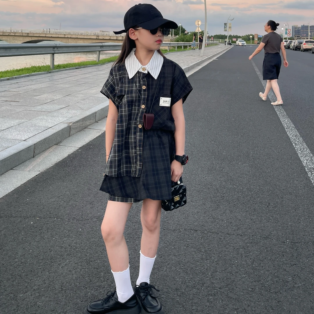 女童大童格子设计感时尚套装单排扣薄款2025夏季极简风刺绣新中式