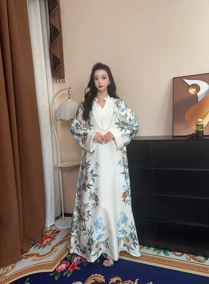 迪拜中东清冷系禅意衣服女优雅手缝钉珠长款连衣裙004