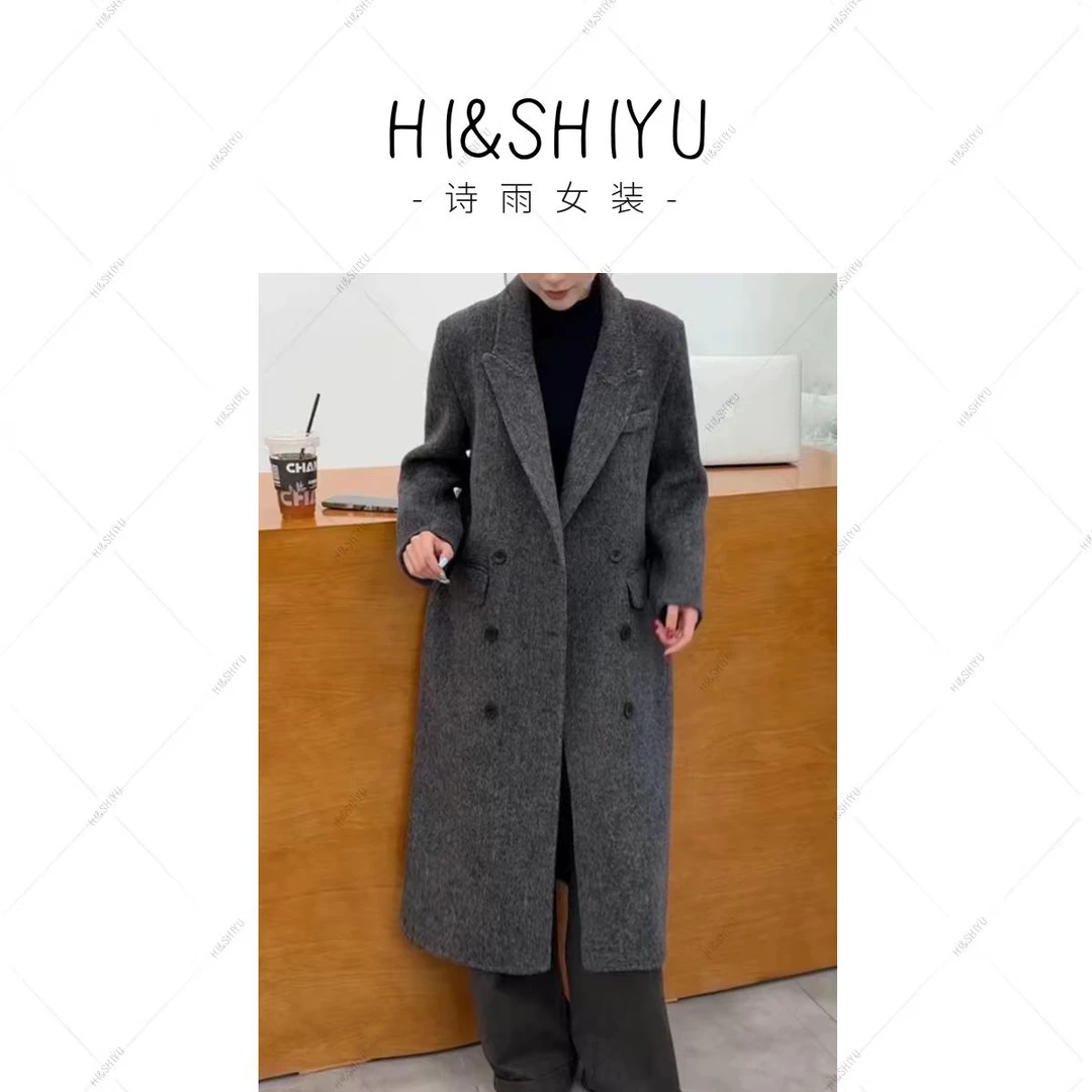 2025双面羊毛大衣冬季韩系双排扣垫肩开叉百搭毛呢外套9025