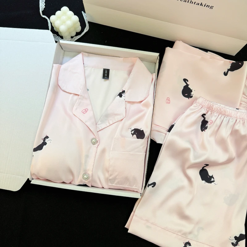 小黑猫睡衣女夏季冰丝薄款短袖长裤短裤甜美三件套装带胸垫家居服