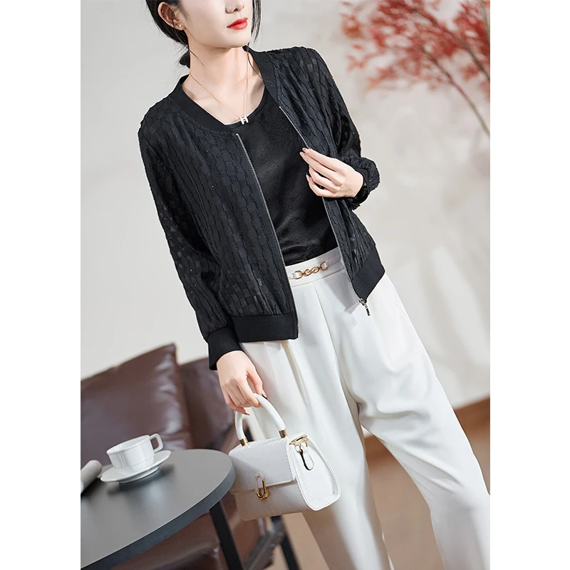 迪欧芙黑色百搭气质优雅开衫时尚2025春季新款女短外套#CWT17841