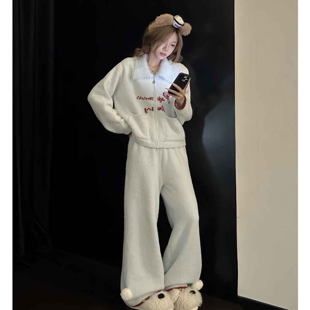 韩版毛绒绒翻领半边绒睡衣女秋冬保暖加厚针织开衫外套家居服套装