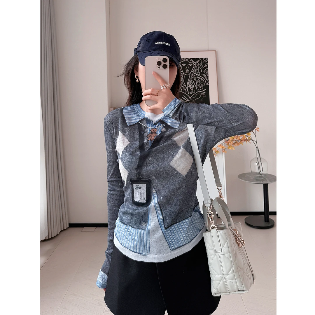 设计师款~假两件3D印花皮肤衣菱格T恤女2025新款圆领长袖打底衫