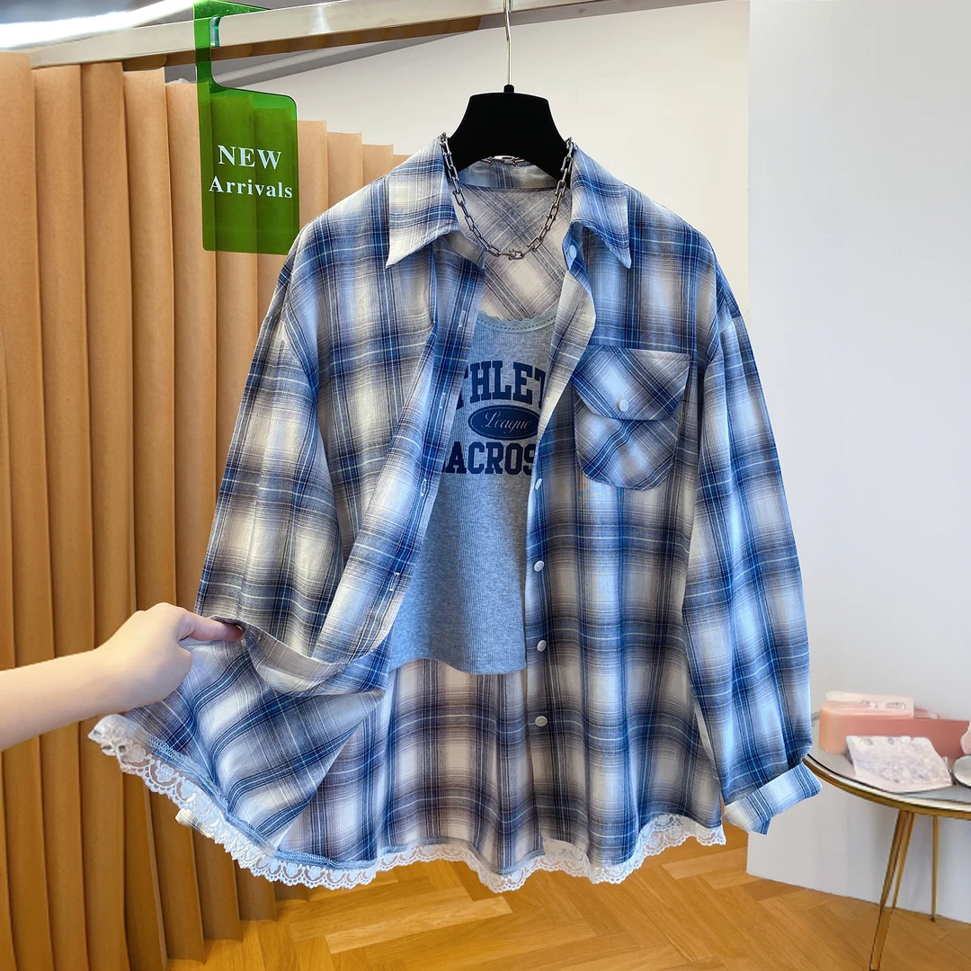 特大码300斤巨好看韩系格子衬衫长袖2025新款宽松背心加衬衣上衣