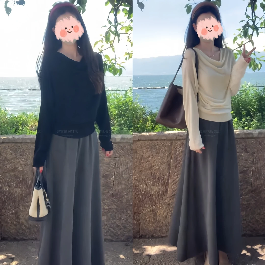 2025秋冬新款气质高级感荡领斜肩显瘦上衣轻柔百搭垂感半身裙套装