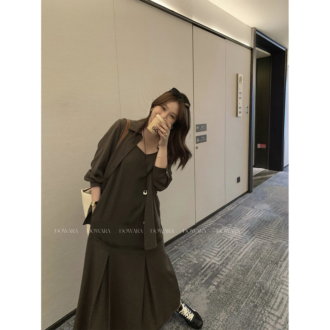 现货大婉酱微胖定制【纭陈套装】宽松慵懒衬衫吊带裙休闲套装8958D