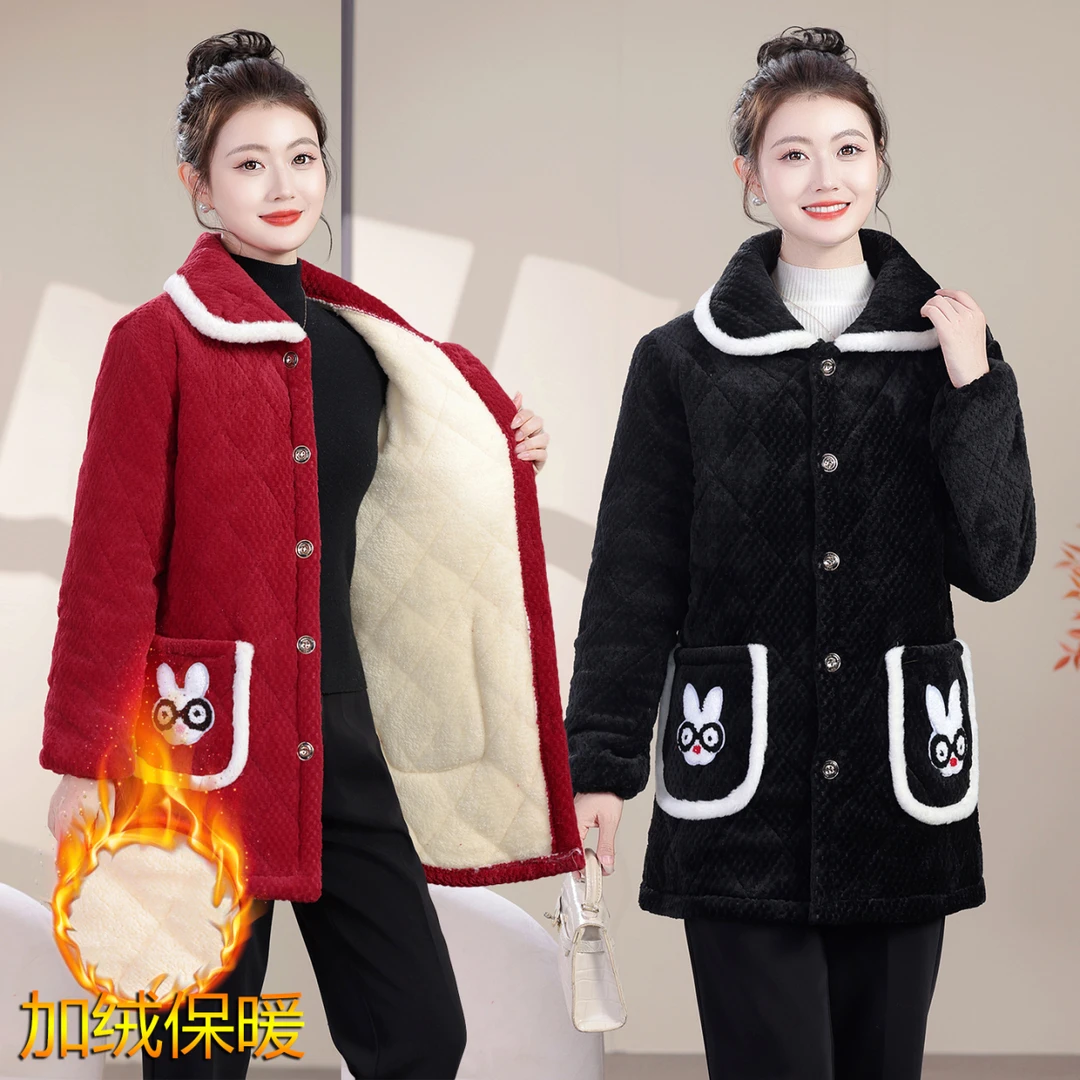 妈妈冬装加绒加厚棉衣外套中年女装保暖中长款棉服女三层夹棉罩衣