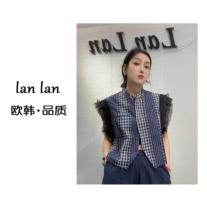 琪琪-夏上新【蕾丝飞袖蓝格子】韩版正肩蕾丝飞袖显瘦短袖夏季百搭