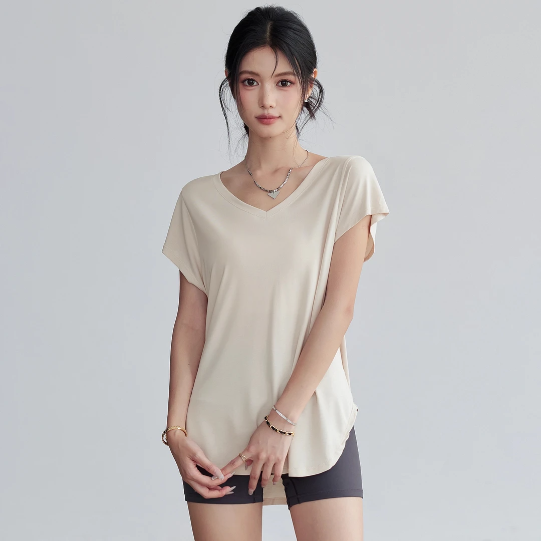 宽松透气瑜伽服女时尚v领显瘦运动T恤夏季薄款普拉提训练健身衣