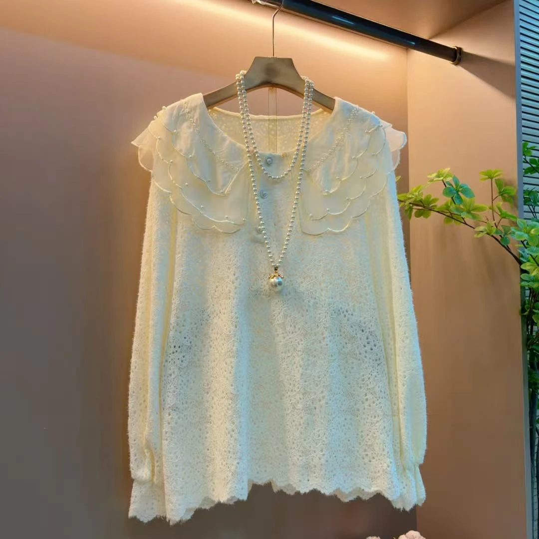 新款娃娃领时尚重工钉珠长袖洋气气质遮肉显瘦上衣（衣长67左右)