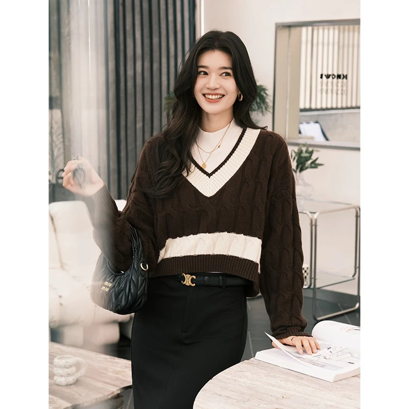 【特价捡漏】奶油栗子毛衫羊毛绞花条纹短款针织美洋MEIYANG