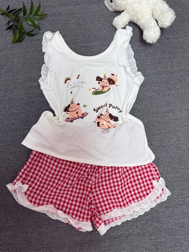 夏季卡通甜美蕾丝边背心短裤睡衣套装宽松减龄家居服