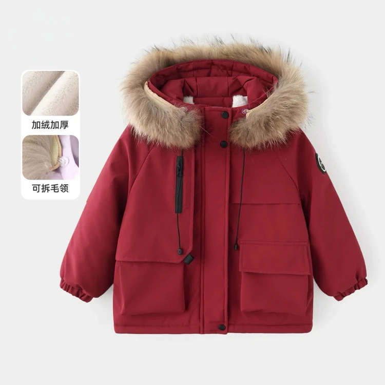 【现货】女童冬加厚连帽外套中大童保暖棉衣儿童休闲派克服可拆毛领