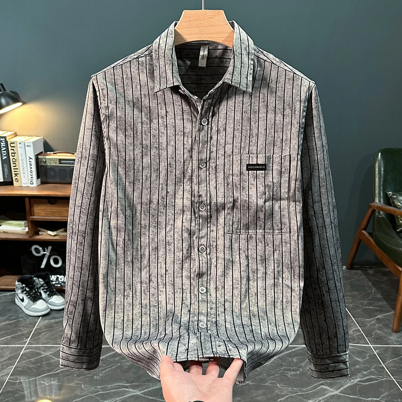 轻奢日系复古条纹长袖衬衫男士秋季时尚潮流百搭帅气休闲宽松衬衣